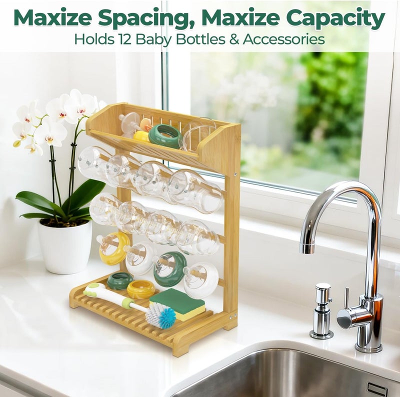 EsLuker.ly Baby Bottle Drying Rack Bamboo Vertical Dryer Holder, Space Saving for 12 Milk Glass Bottle Countertop, Wooden Drain Stand Shelf for New Parents - Image 2